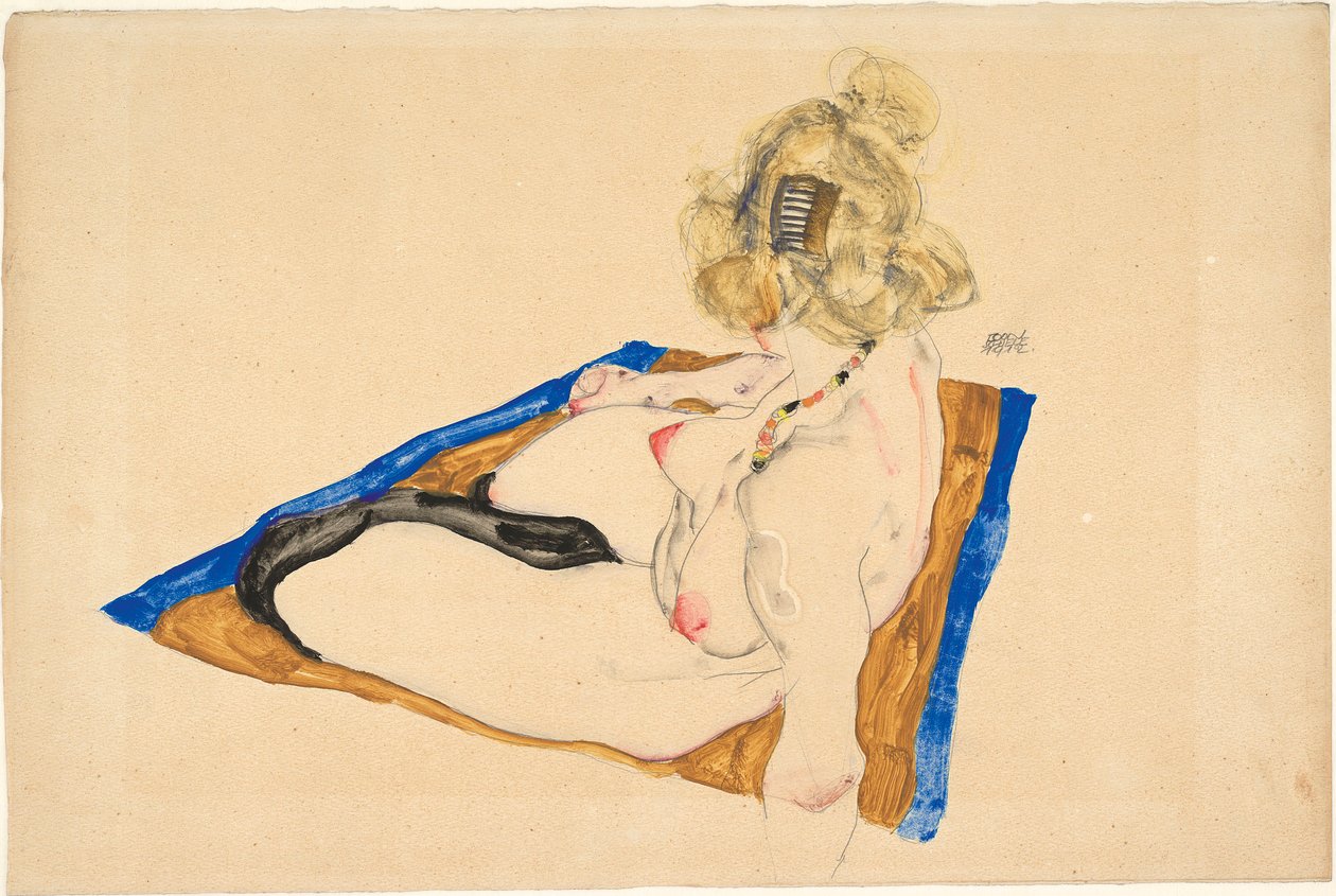 Blond naken sittende på et brunt teppe med blå kant, 1912. av Egon Schiele