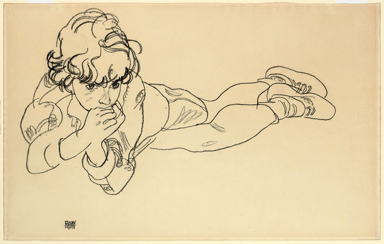 Gutt som ligger på magen, 1918 av Egon Schiele