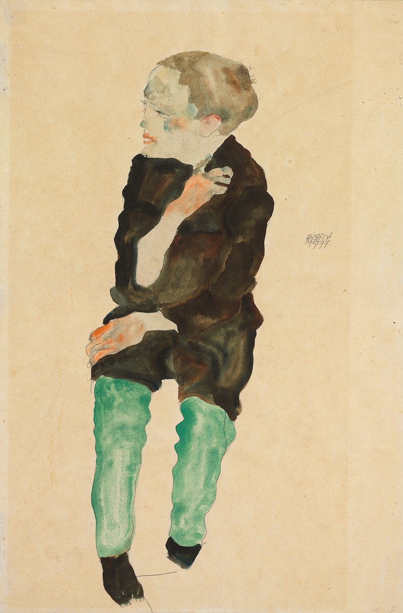 Gutt med grønne strømper; Bub mit grunen Strumpfen, 1911 av Egon Schiele