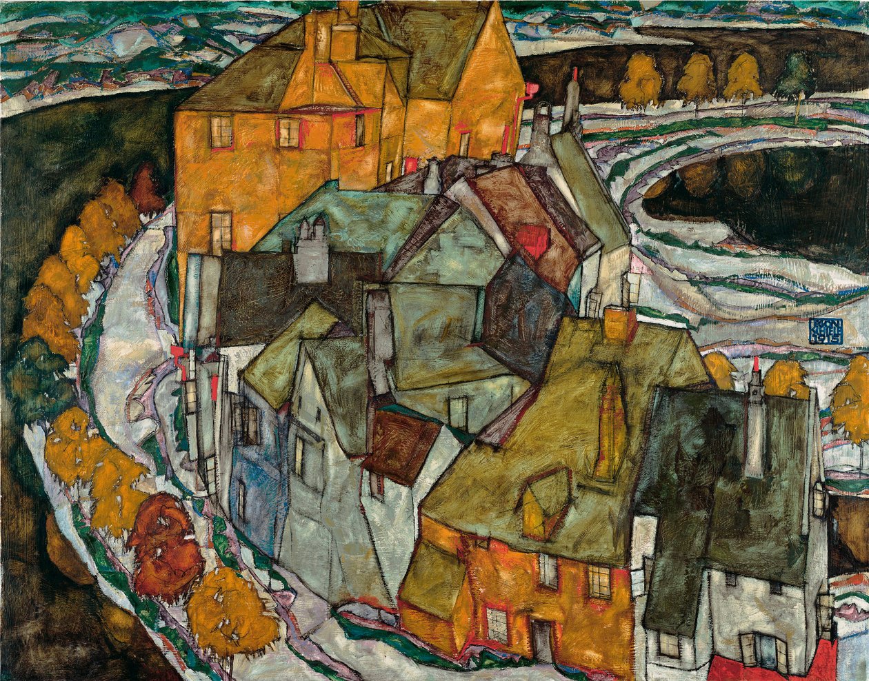 Crescent of Houses II (Island City) - Pictură de Egon Schiele (1890-1918), ulei pe pânză norvegiană av Egon Schiele