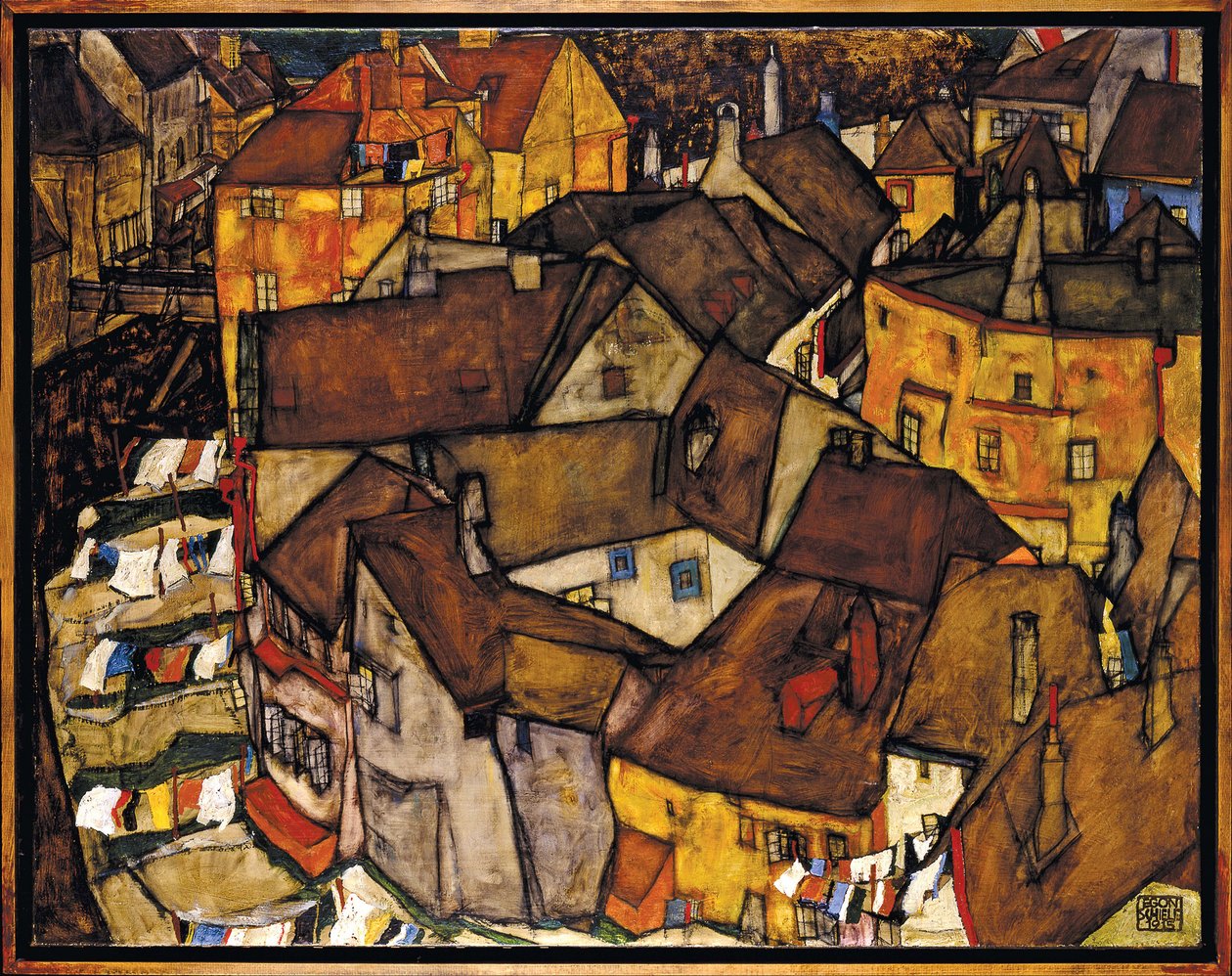 Croissant de maisons, Krumau (actuelle Cesky Krumlov, Tchecoslovaquie) - Crescent of Houses, Krumau (The Small City V), av Schiele, Egon (1890-1918). Olje på lerret av Egon Schiele