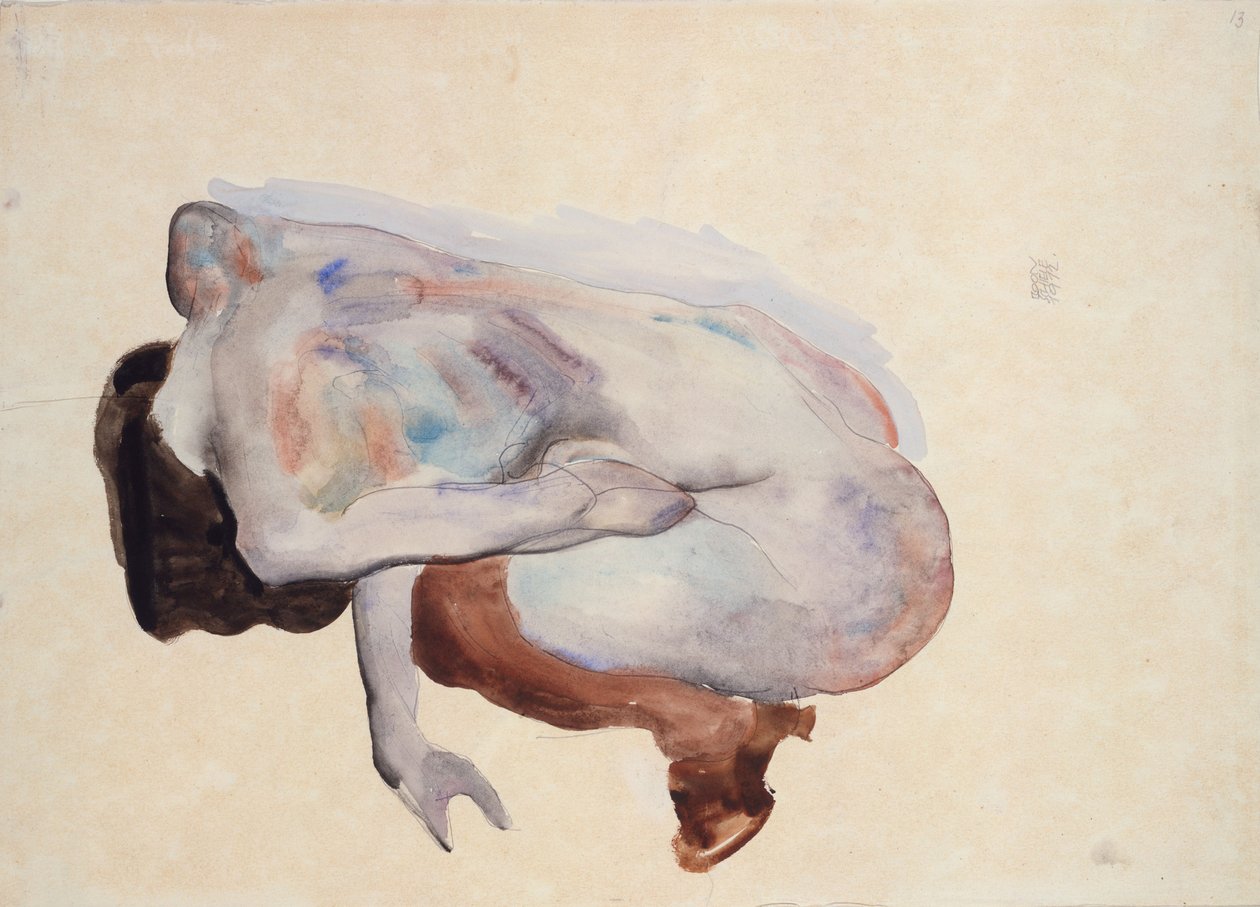 Hukende naken i sko og svarte strømper, sett bakfra, 1912 (wc, gouache og grafitt på papir) av Egon Schiele