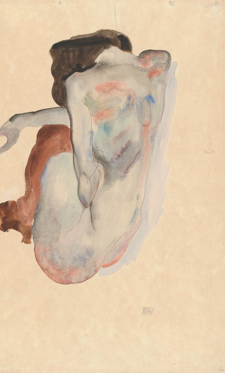 Hukende naken i sko og svarte strømper, sett bakfra, 1912. av Egon Schiele