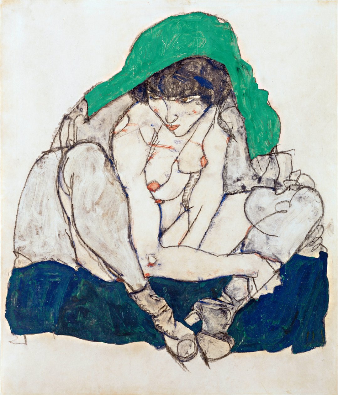Hukende kvinne med grønt hodeskjerf - Schiele, Egon (1890-1918) - 1914 - Svart kritt, Gouache på papir - 47x31 - Leopold Museum, Wien av Egon Schiele