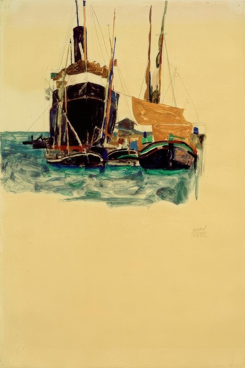 Dampskip og seilbåter i havnen i Trieste av Egon Schiele
