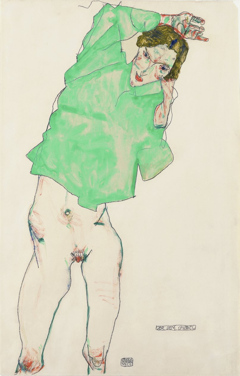 Devant le miroir - Before the Mirror av Schiele, Egon (1890-1918). Blyant, Gouache på papir, størrelse: 48,3x32,1 av Egon Schiele