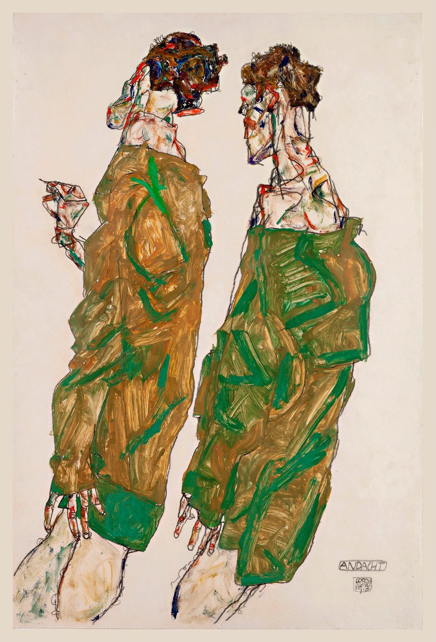 Andakt - Verk av Egon Schiele (1890-1918), gouache på papir av Egon Schiele