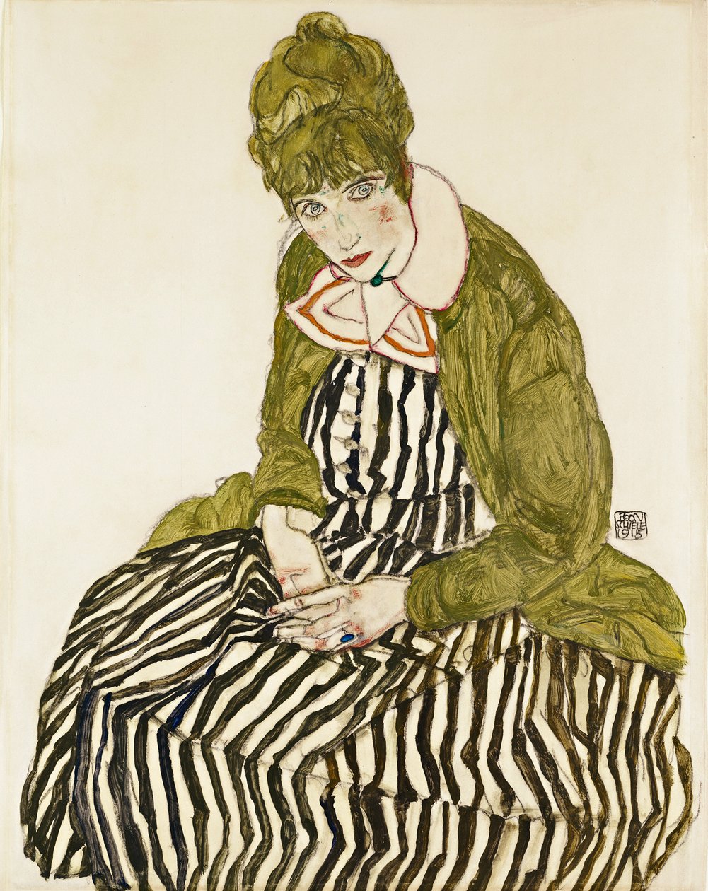 Edith Schiele i stripet kjole, sittende. Verk av Egon Schiele (1890-1918), blyant og gouache på papir av Egon Schiele