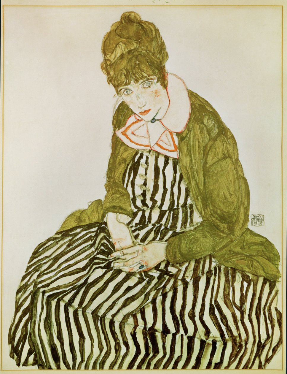 Edith Schiele, kunstnerens kone, sittende (gouache, akvarell og svart fargestift) av Egon Schiele