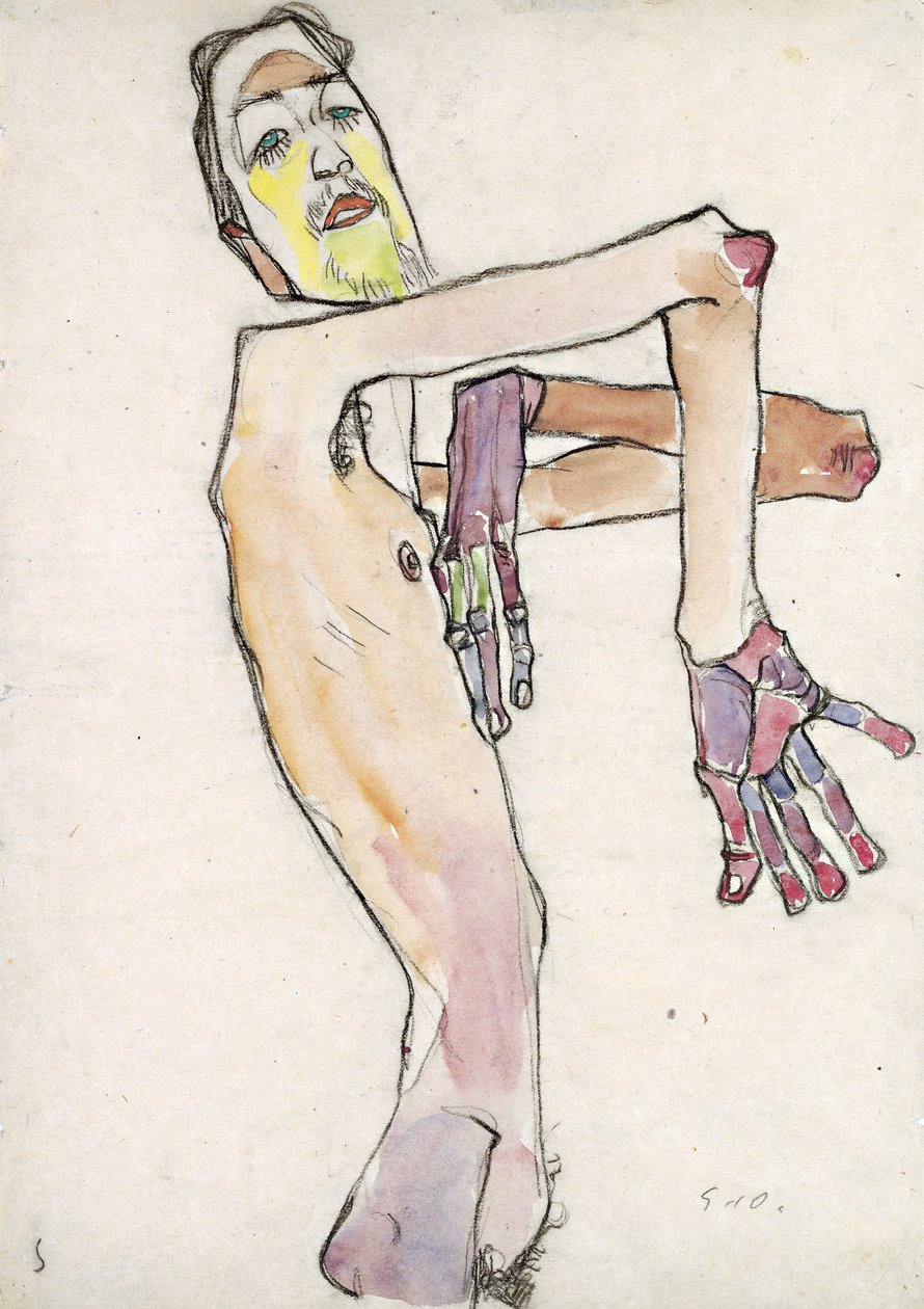 Erwin Dominik Osen (1891–1970) som naken med kryssede armer av Schiele, Egon (1890–1918). Svart kritt, akvarell på papir, størrelse: 44,7x31,5 av Egon Schiele