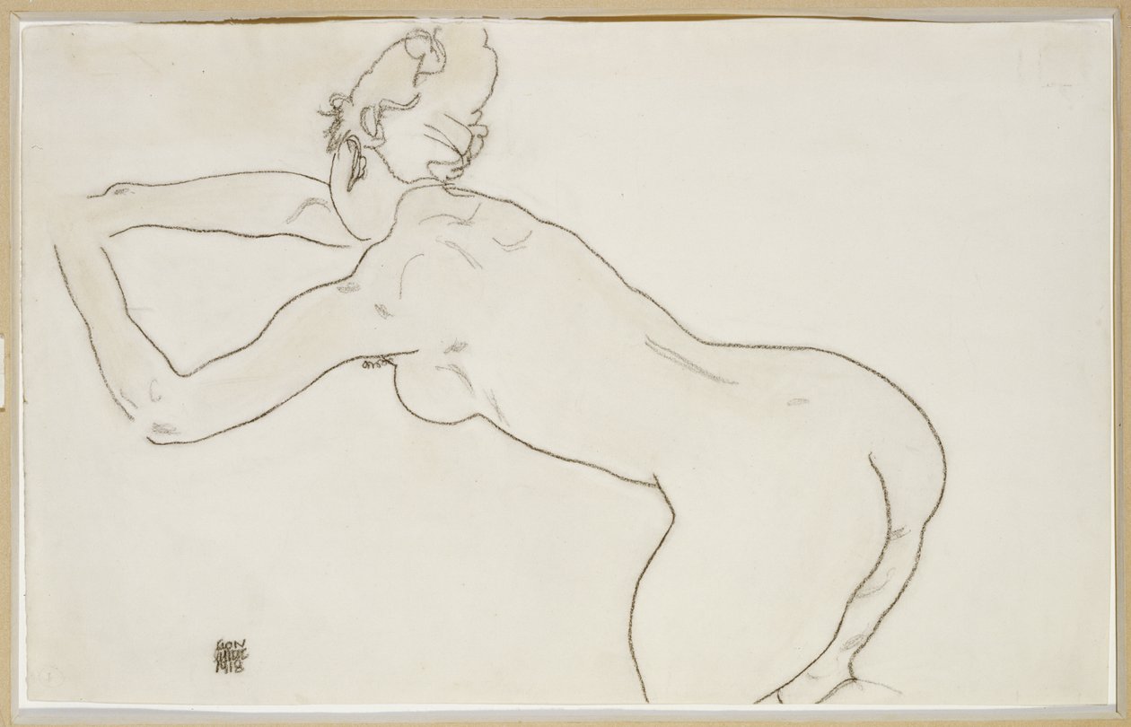 Naken kvinne som kneler og bøyer seg forover mot venstre, 1918 av Egon Schiele
