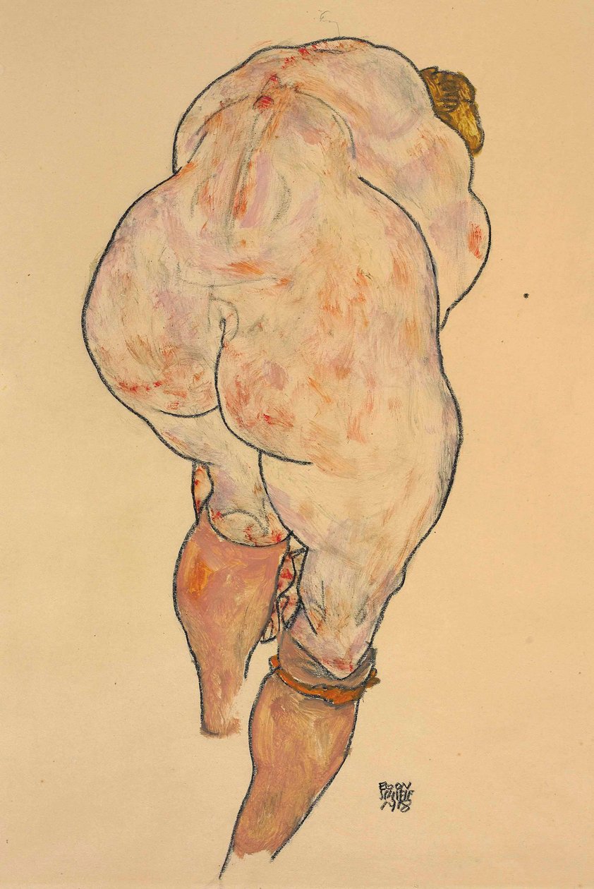 Naken kvinne trekker opp strømper, sett bakfra, 1918. av Egon Schiele
