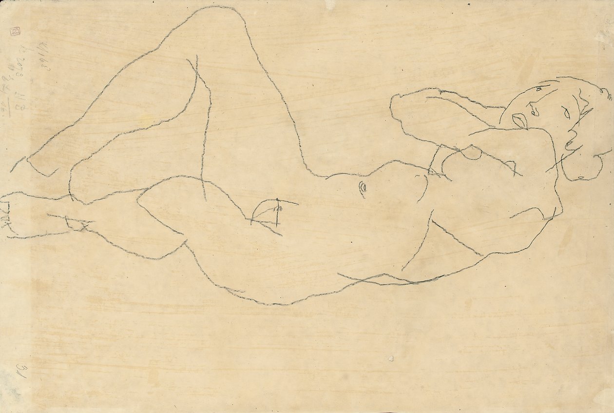 Naken kvinne med hendene bak hodet, 1914 av Egon Schiele
