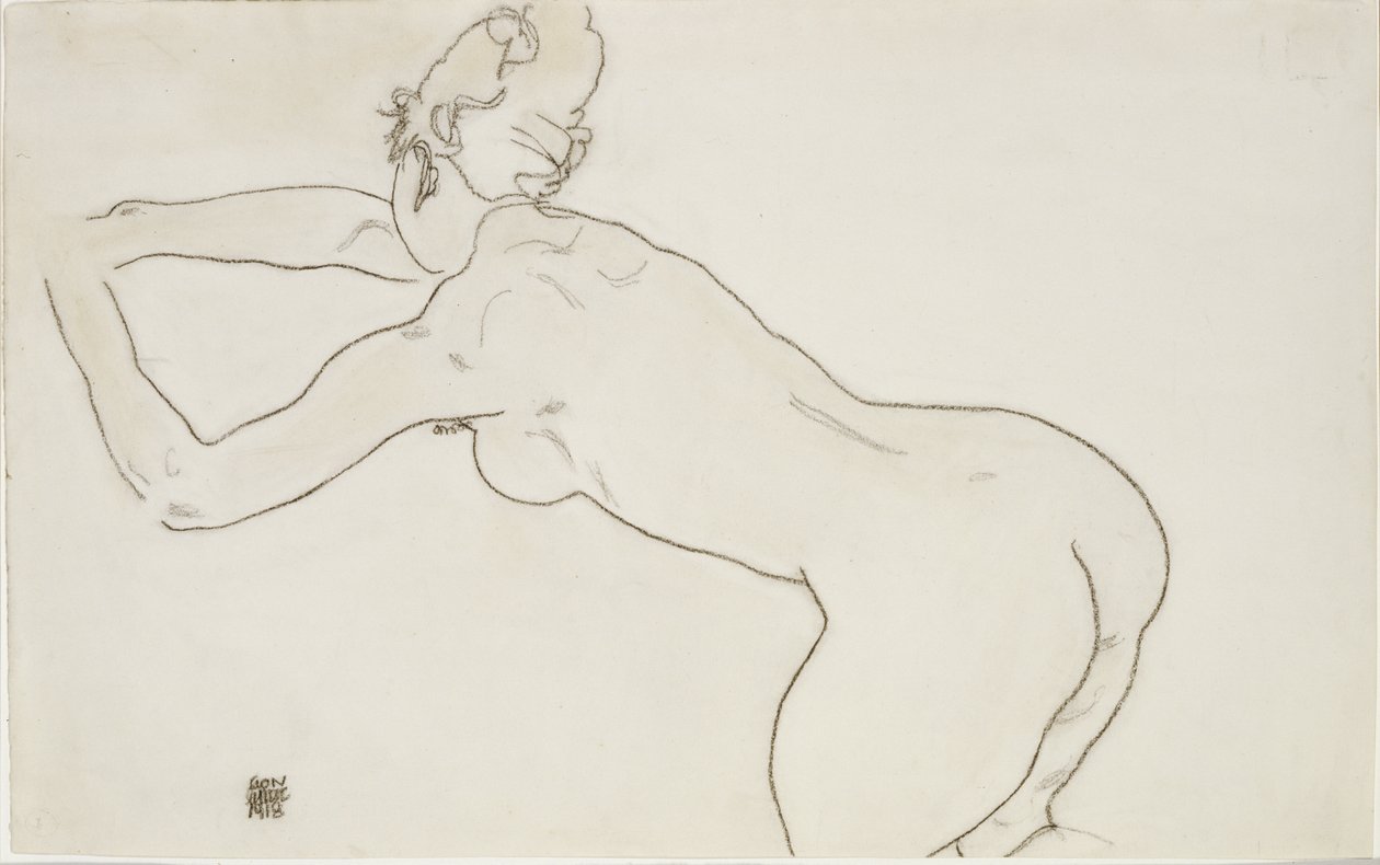 Naken kvinne kneler og bøyer seg fremover til venstre, 1918 av Egon Schiele
