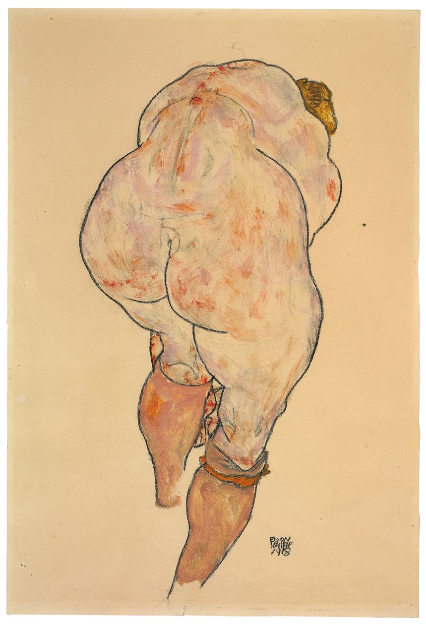 Naken kvinne trekker opp strømper, sett bakfra, 1918 av Egon Schiele