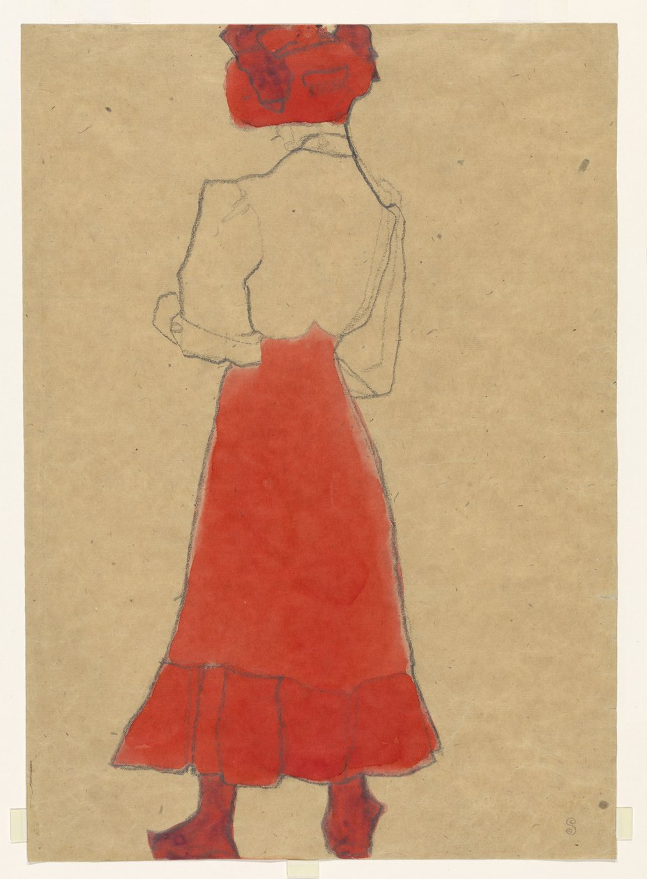 Kvinne med rødt skjørt av Egon Schiele