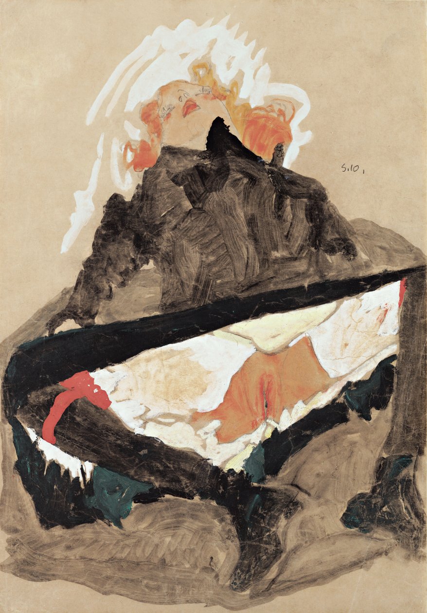 Jente i svart kjole med spredte ben, 1910 av Egon Schiele