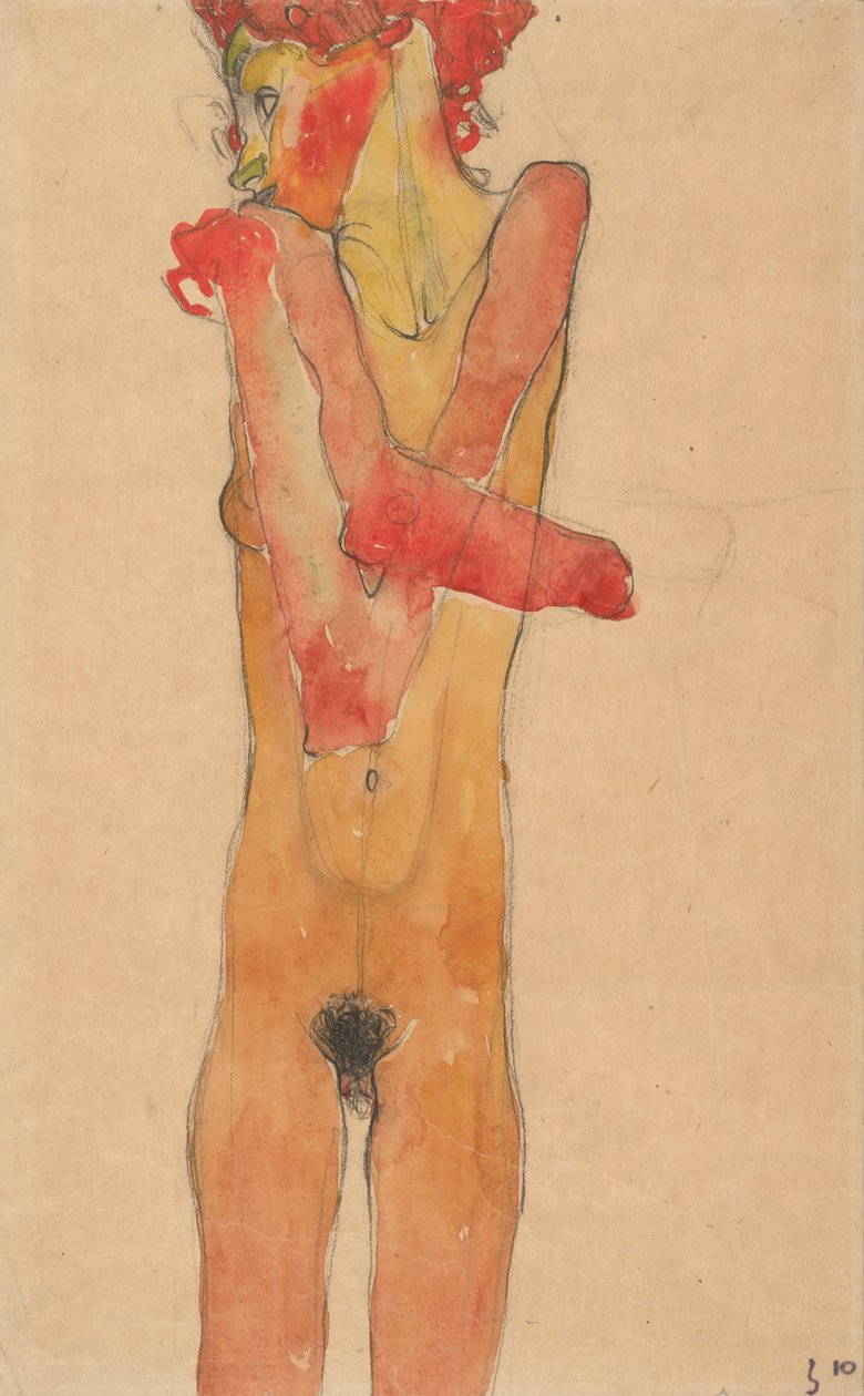 Naken jente med foldede armer, 1910 av Egon Schiele