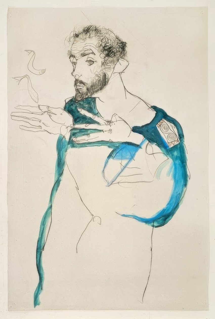 Gustav Klimt i sin blå arbeidskjole av Egon Schiele