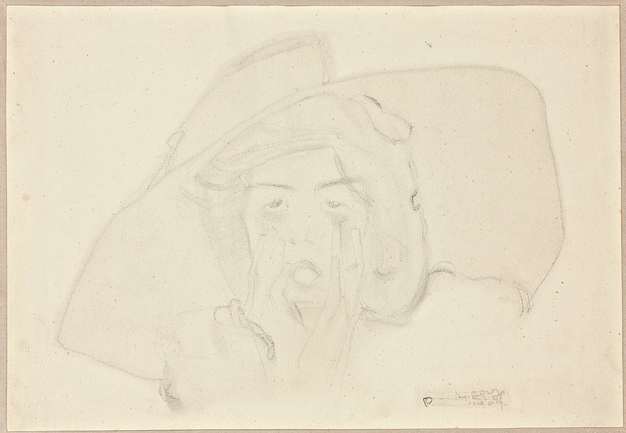 Hodet til en ropende ung kvinne med stor hatt, hake støttet av hender av Egon Schiele