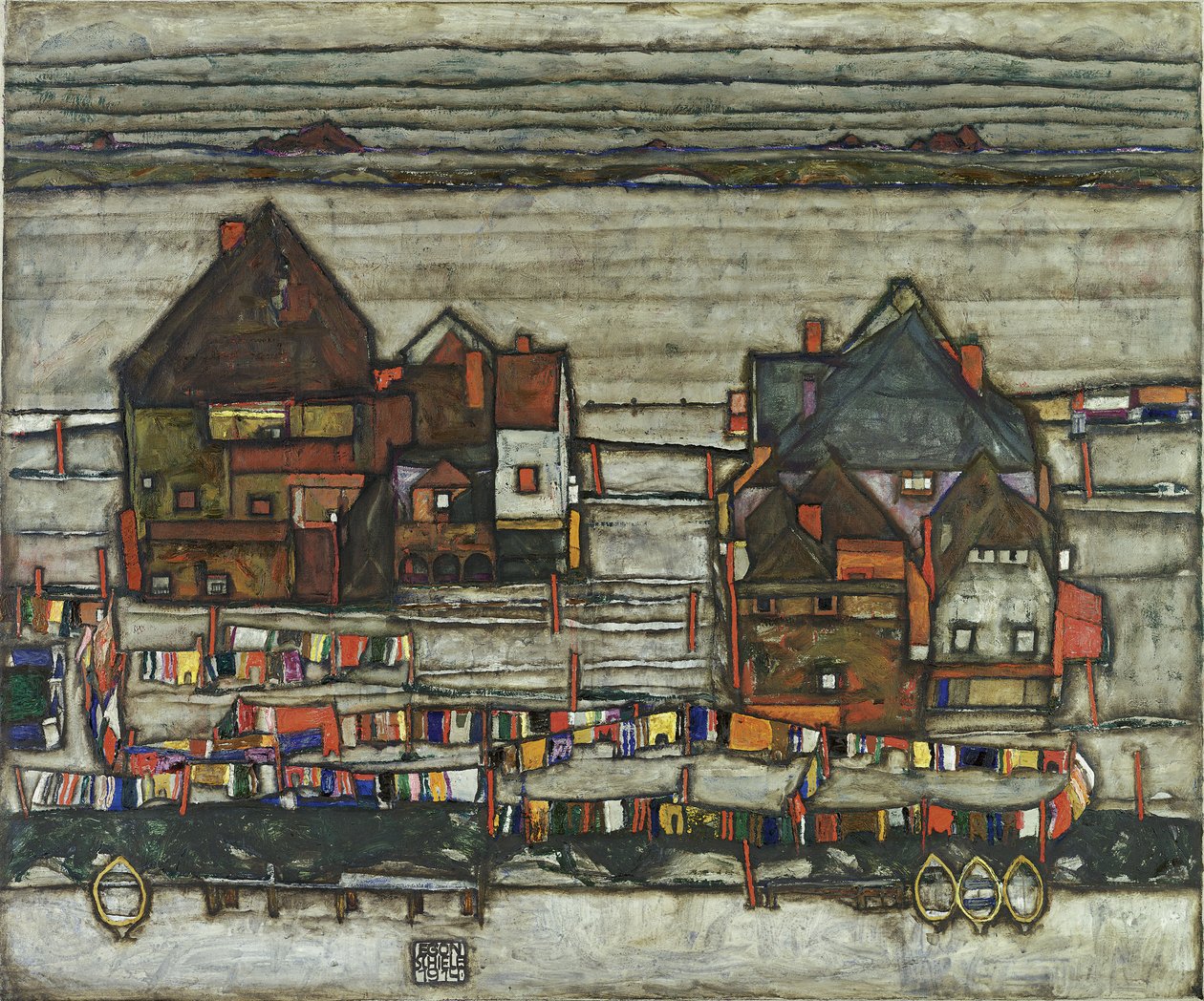 Hus med vaskesnorer, 1914 av Egon Schiele