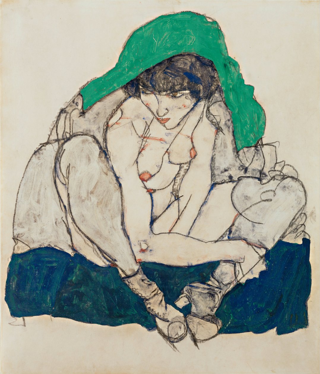 Huksittende kvinne med grønt hodeskjerf av Egon Schiele