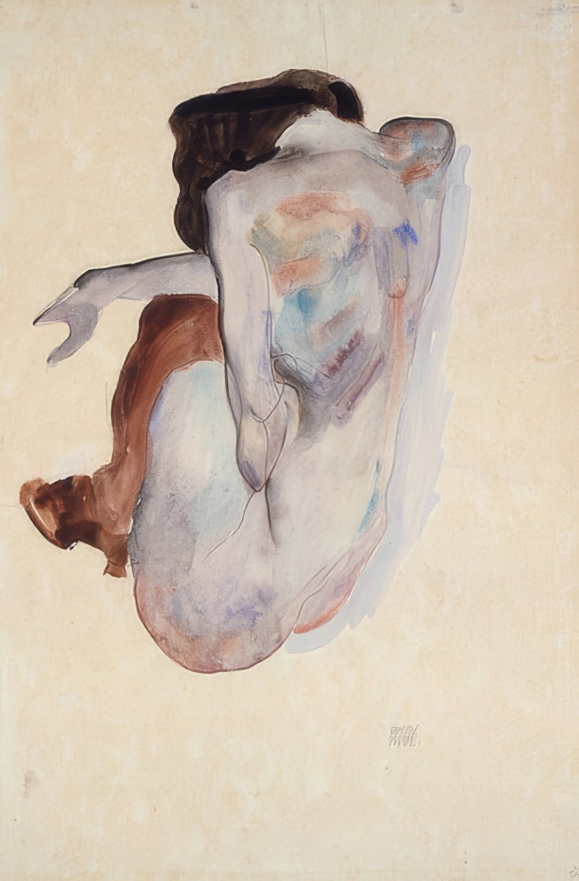 Krokende handling med sko og sorte strømper, sett bakfra. 1912 av Egon Schiele