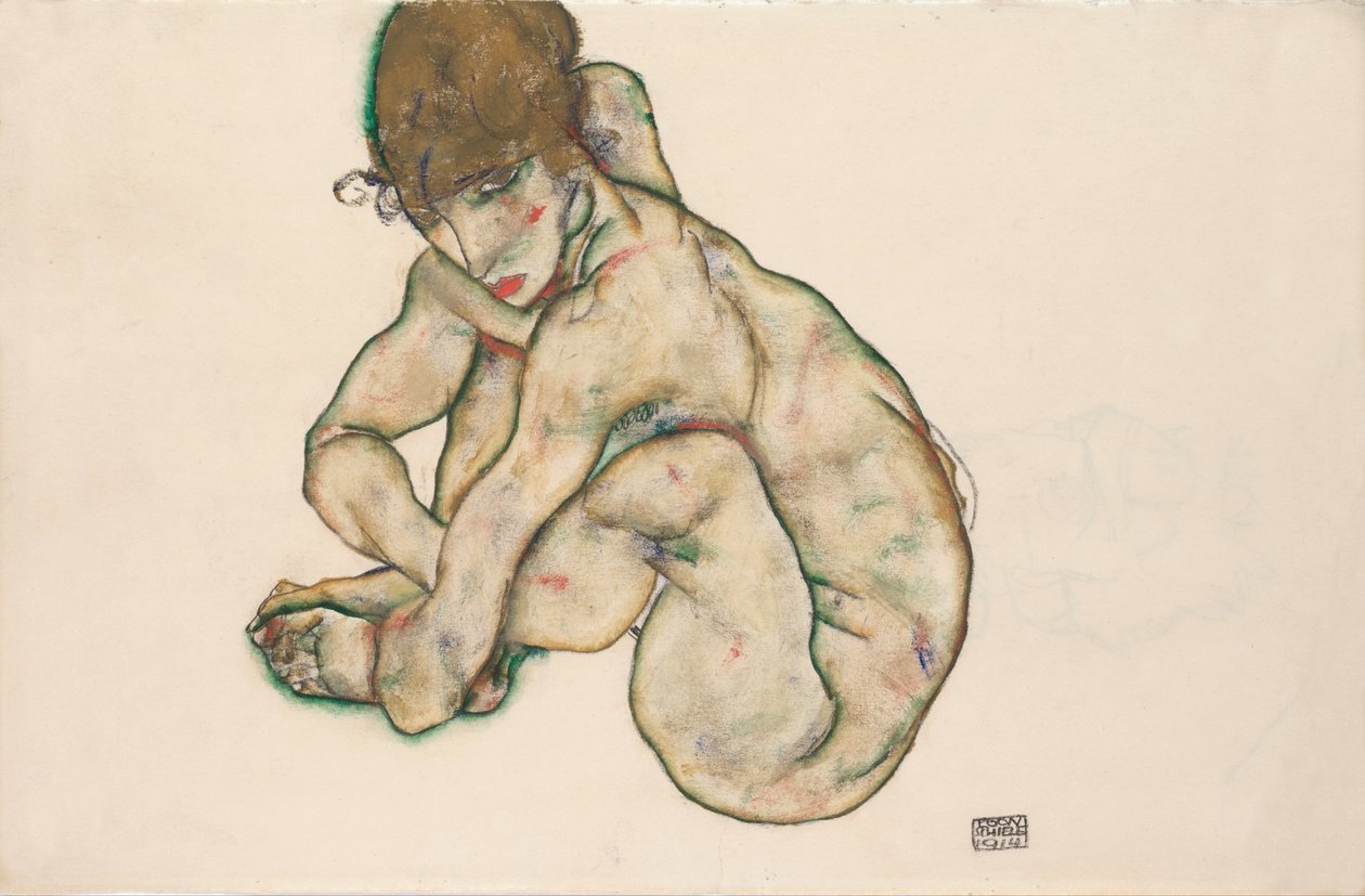 Naken jente i hukestilling av Egon Schiele