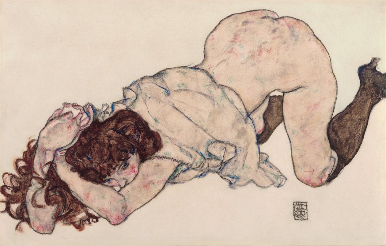 Knelende jente, hviler på begge albuer, 1917 av Egon Schiele
