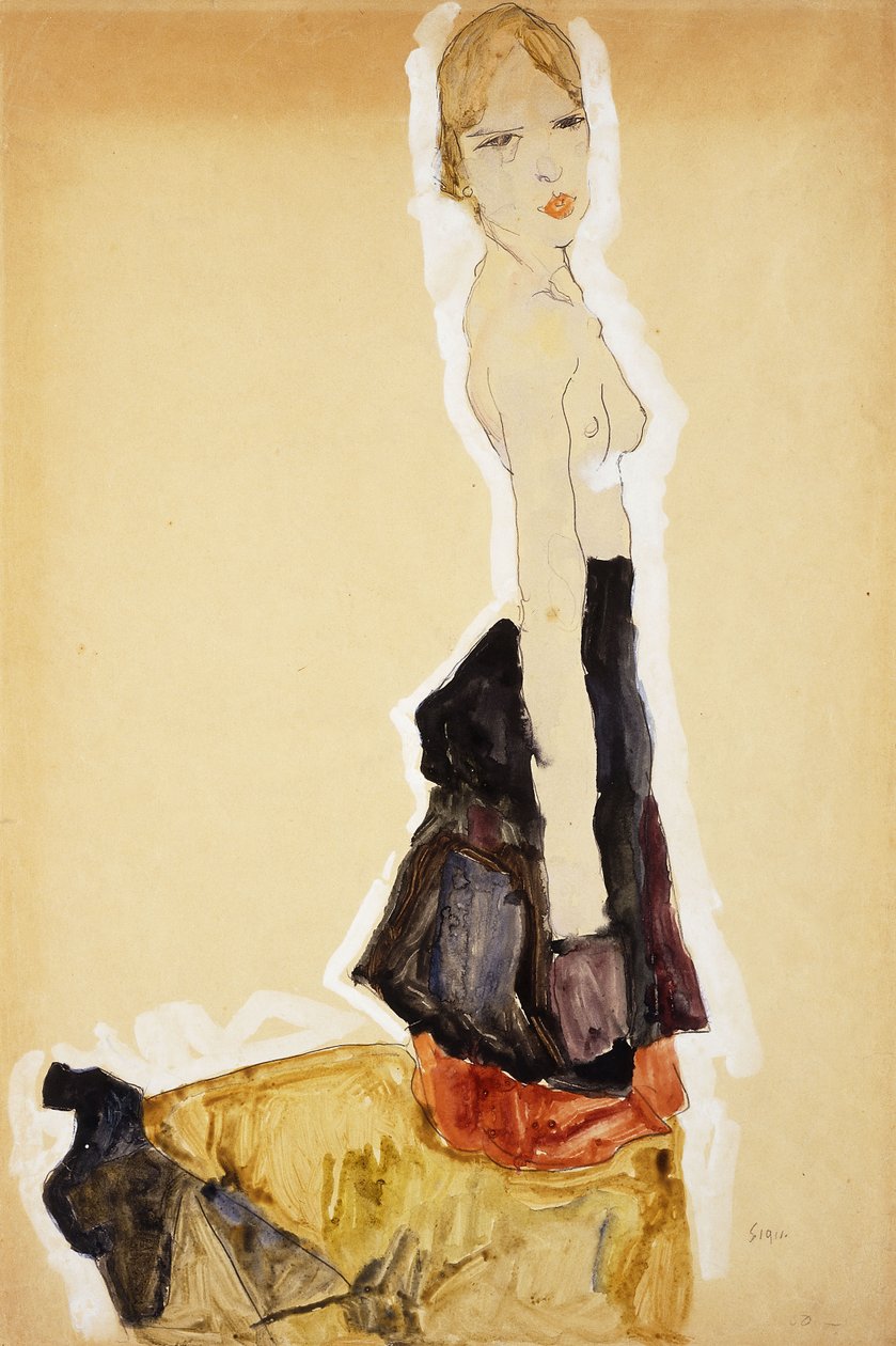 Knelende jente med spansk skjørt; Knelende jente med spansk skjørt, 1911 av Egon Schiele