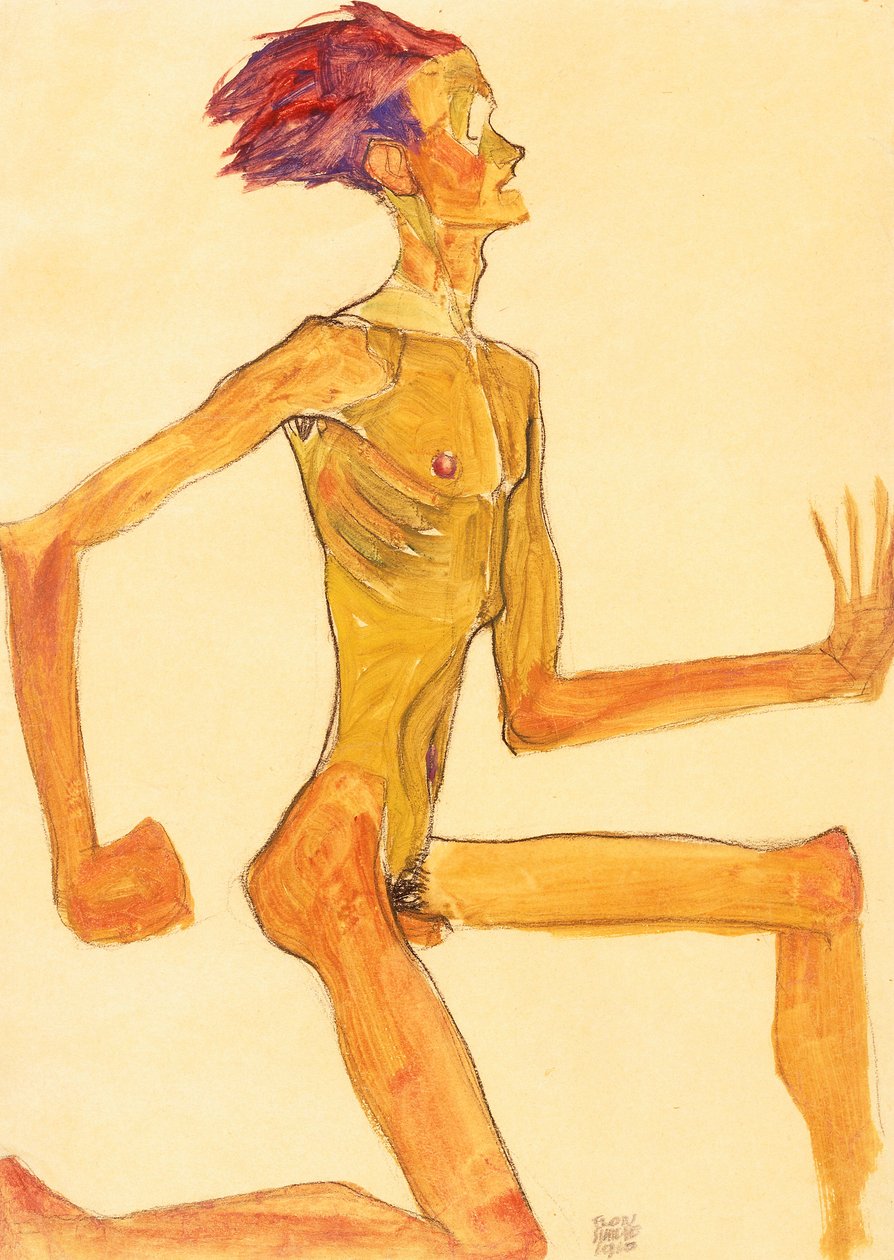 Knelende naken mann, i profil til høyre av Egon Schiele