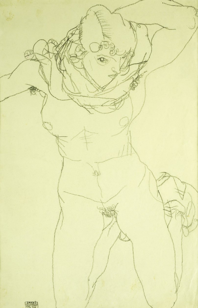 Knelende naken fra forsiden; Knelende naken fra fronten, 1914 av Egon Schiele