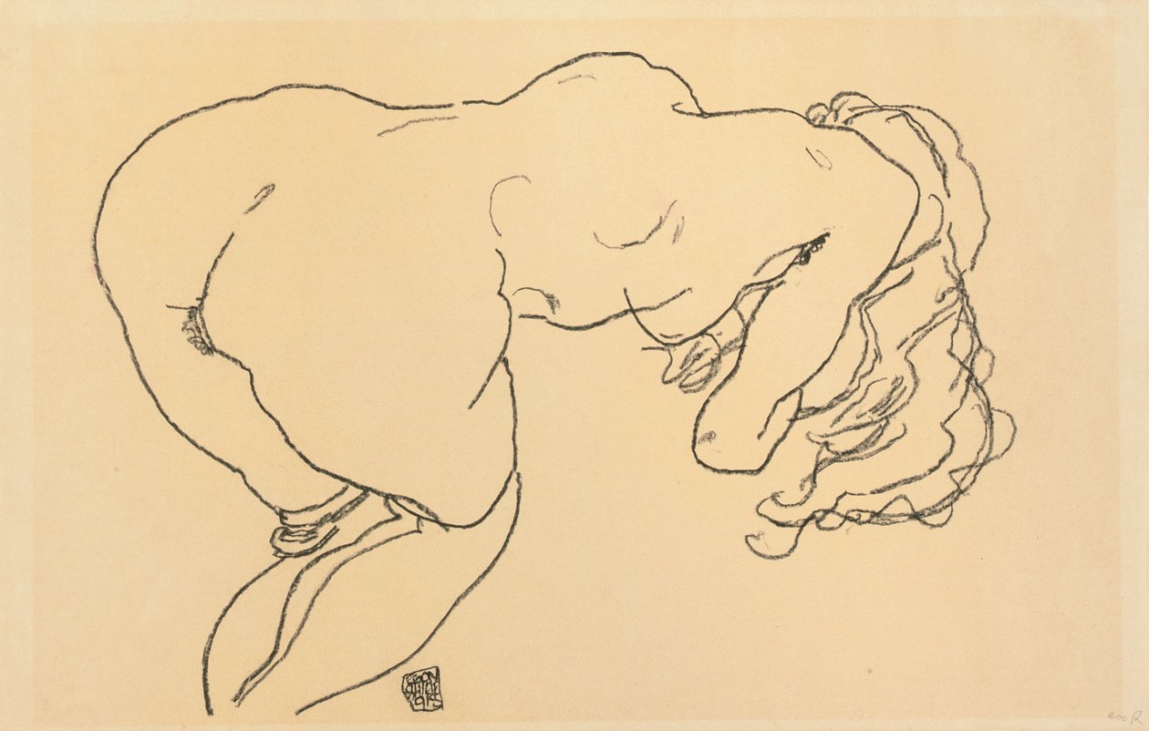 Langhåret naken, fremoverlent, sett bakfra; Langhaariger Akt, vornubergebeugt, Ruckenansicht, 1918 av Egon Schiele