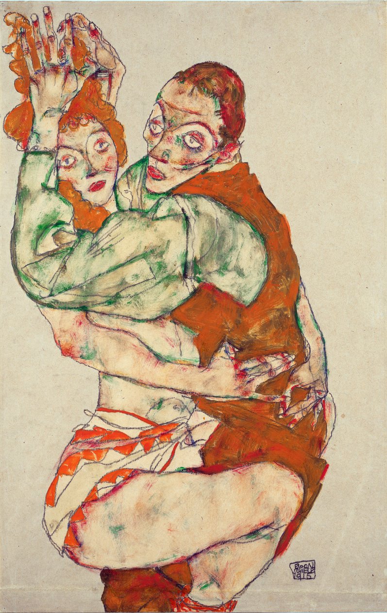 Kjærlighet - Schiele, Egon (1890-1918) - 1915 - Svart kritt, Gouache på papir - 49,6x31,7 - Leopold Museum, Wien av Egon Schiele