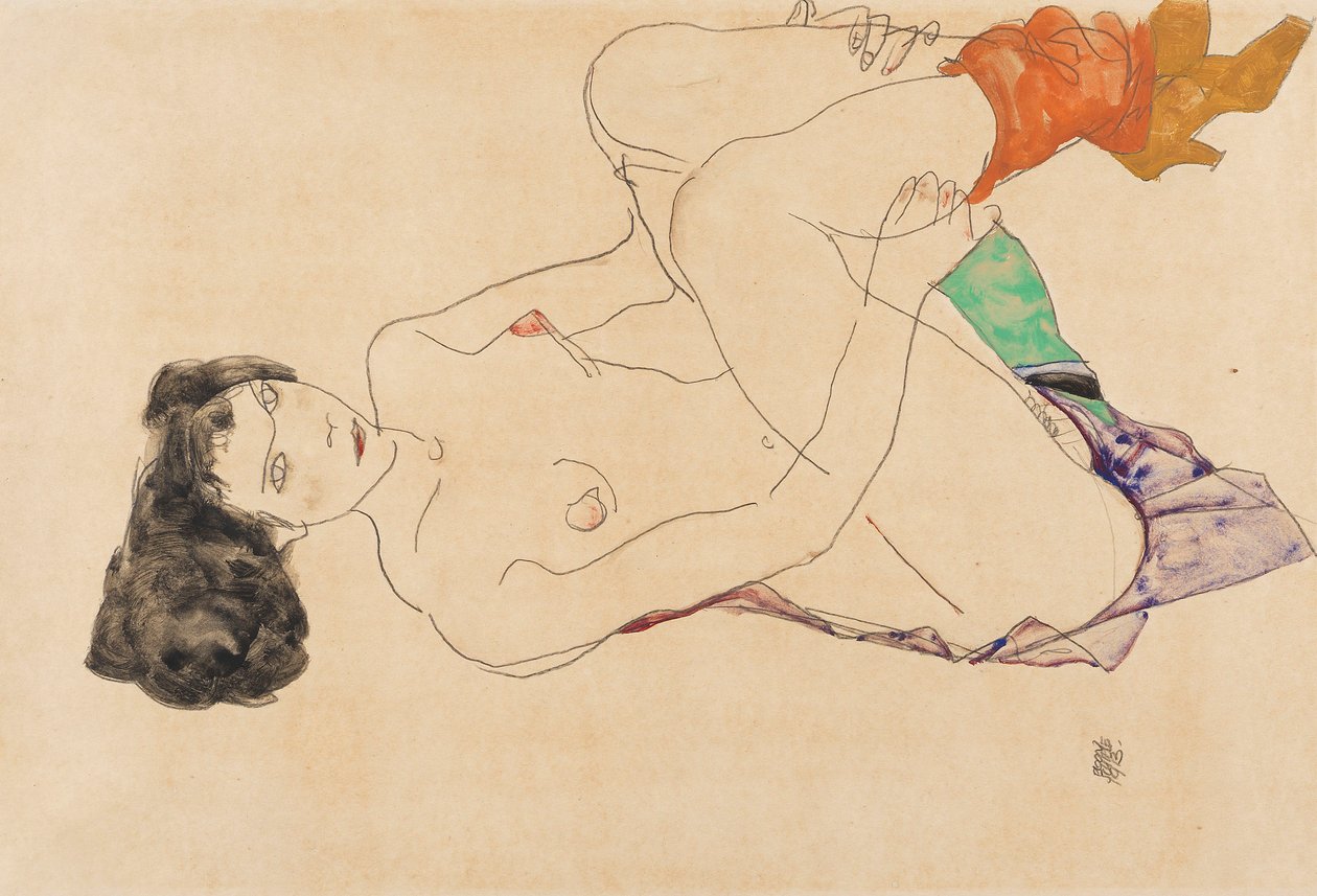 Liggende kvinnelig naken med bena opptrukket, 1913. av Egon Schiele