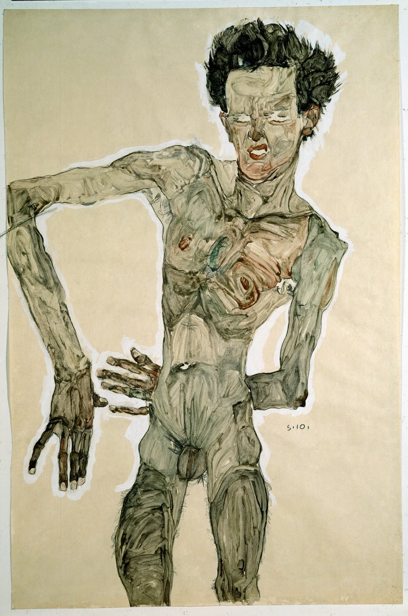 Naken mann (selvportrett). Tegning av Egon Schiele (1890-1918), 1910. Blyant, akvarell og tempera på papir. Mål: 55,7x36,8cm. Wien, Graphische Sammlung Albertina av Egon Schiele