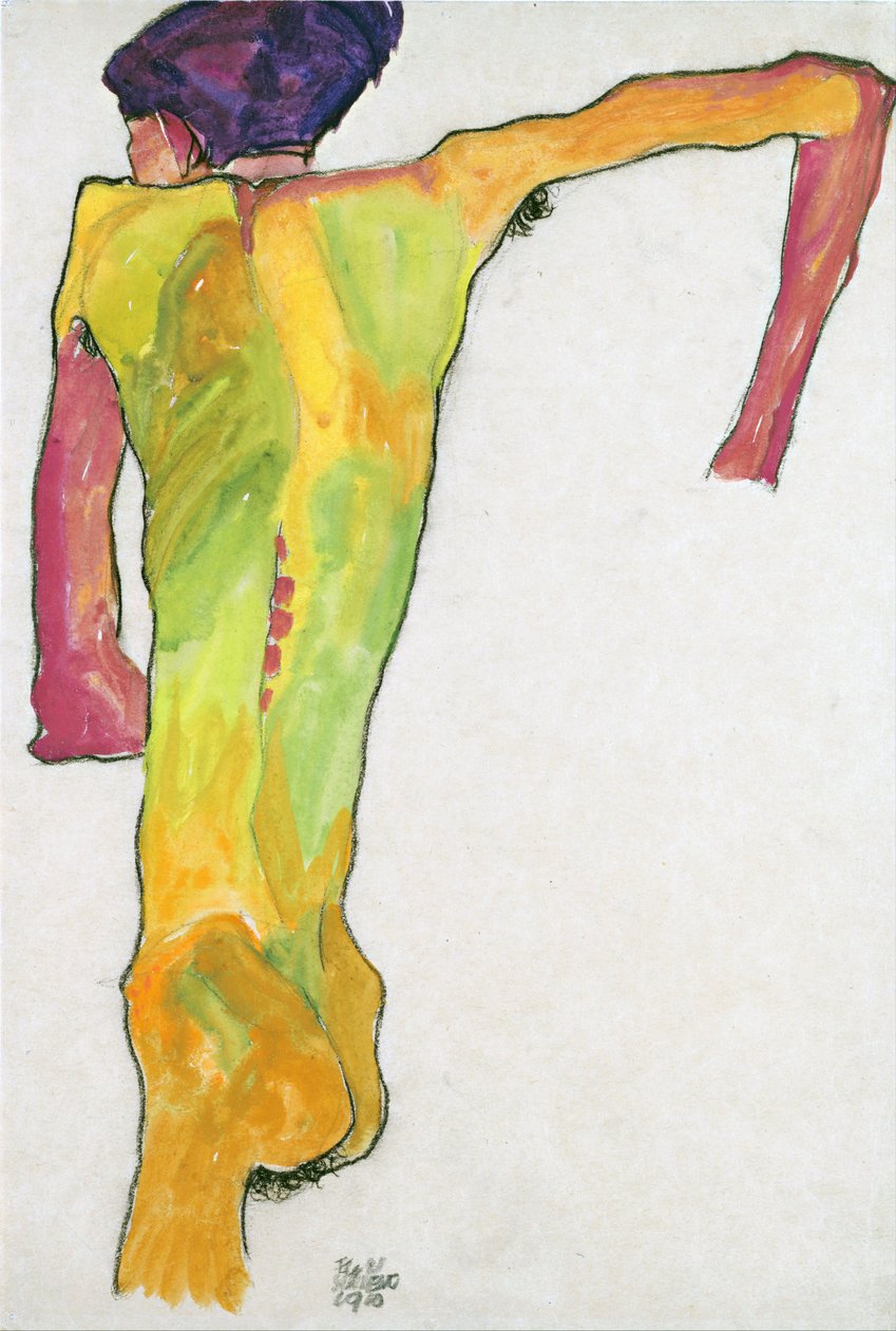 Naken mann, støtter seg opp - Schiele, Egon (1890-1918) - 1910 - Gouache på papir - 44,7x30,2 - Leopold Museum, Wien av Egon Schiele