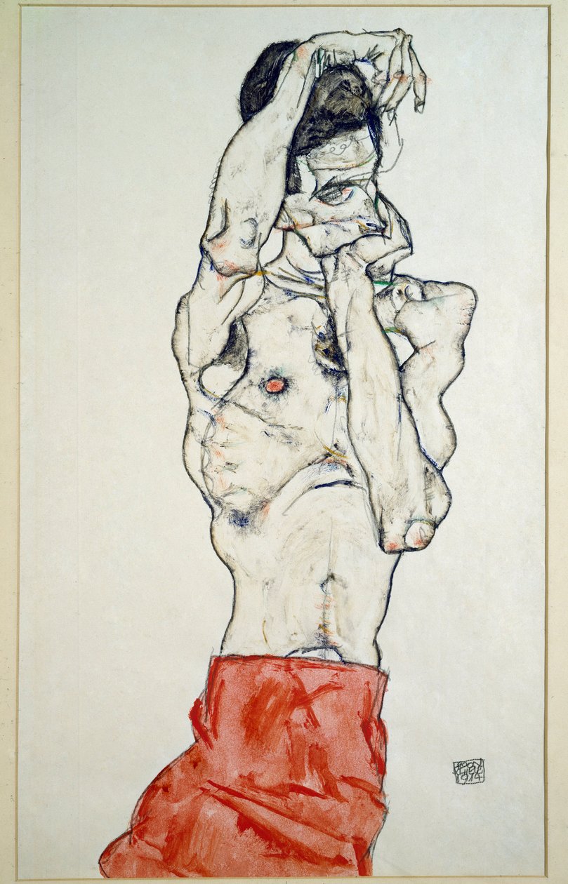Naken mann med rødt laken av Egon Schiele