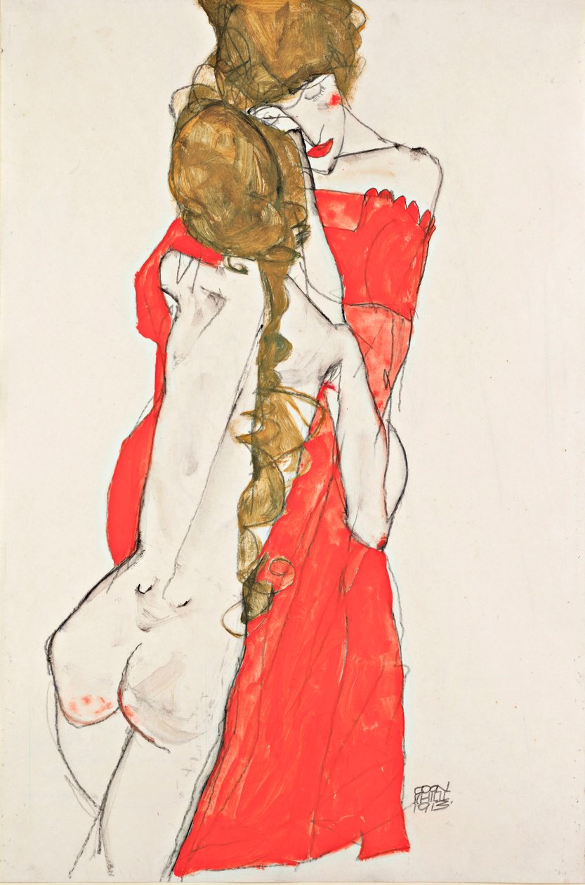 Mor og datter - Verk av Egon Schiele (1890-1918), gouache på papir av Egon Schiele