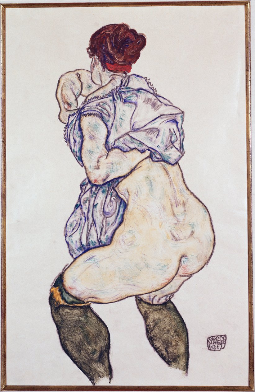 Elskerinne Halbakt med grønne strømper, 1917 av Egon Schiele