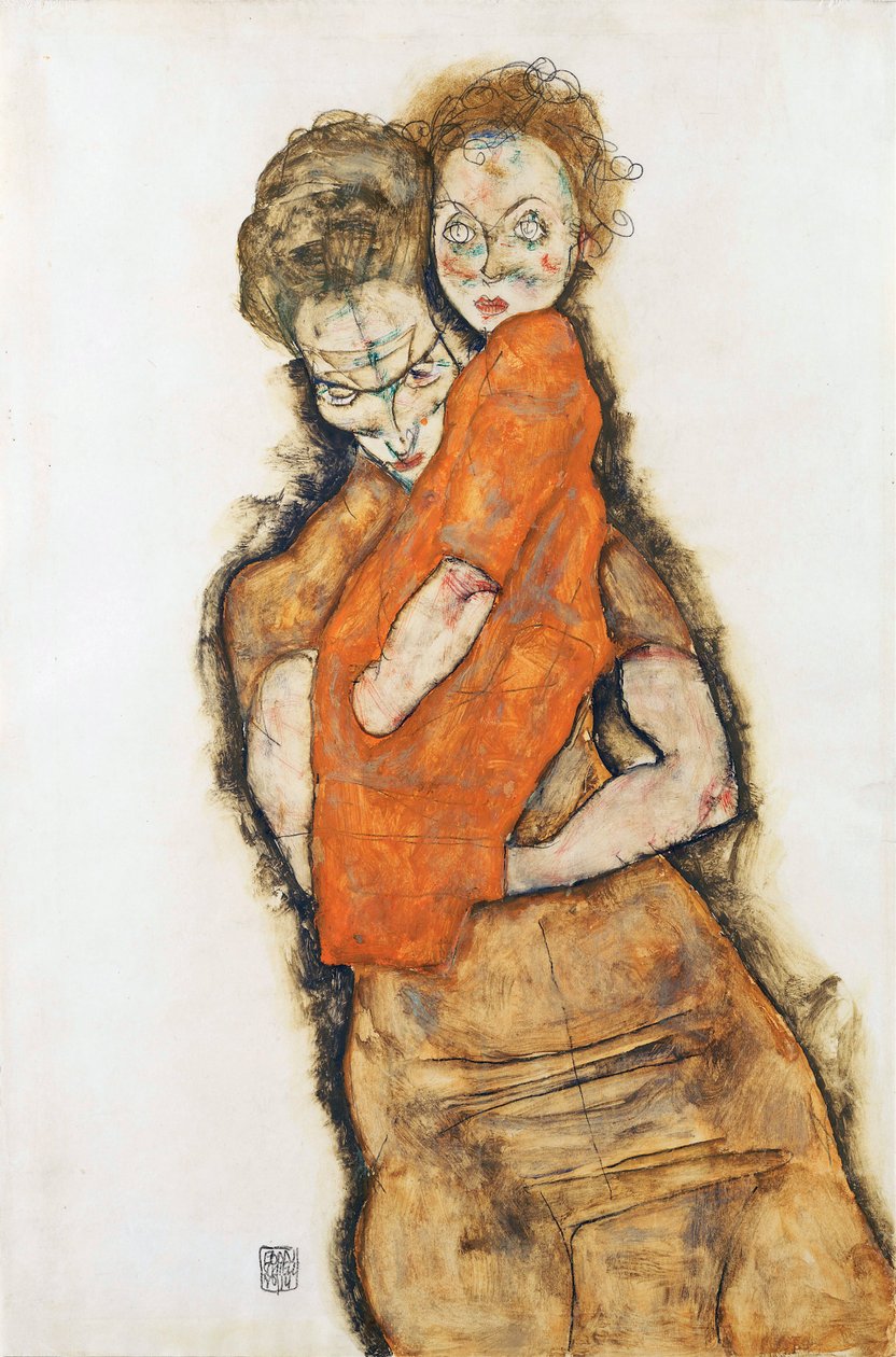 Mor og barn - Schiele, Egon (1890-1918) - 1914 - Svart kritt, Gouache på papir - 48,2x31,9 - Leopold Museum, Wien av Egon Schiele