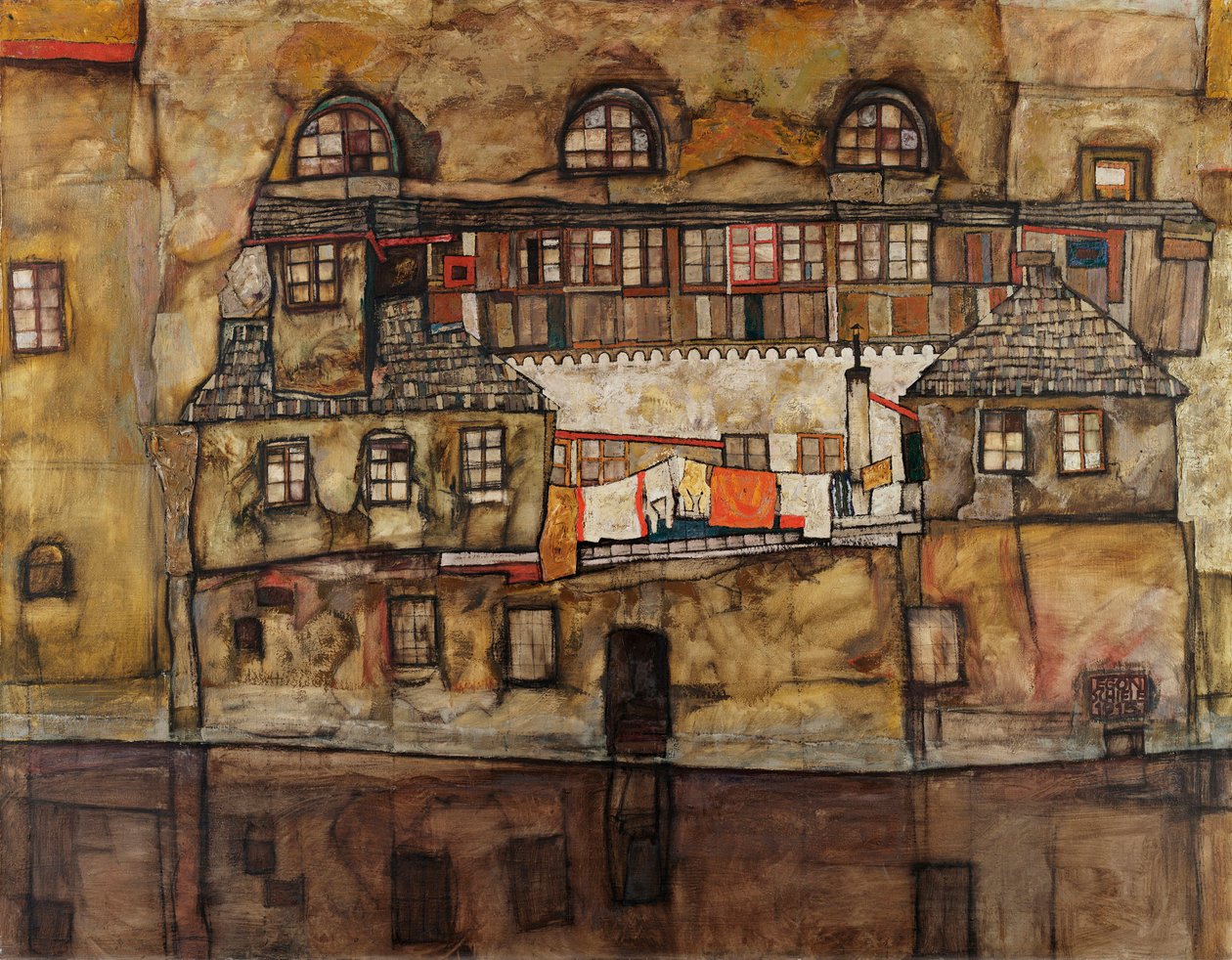 Mur av hus ved elven - Maleri av Egon Schiele (1890-1918), olje på lerret av Egon Schiele