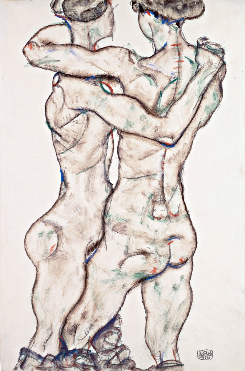 Nakne jenter omfavner - Schiele, Egon (1890-1918) - 1914 - Svart kritt, Gouache på papir - 48x31,2 - Leopold Museum, Wien av Egon Schiele