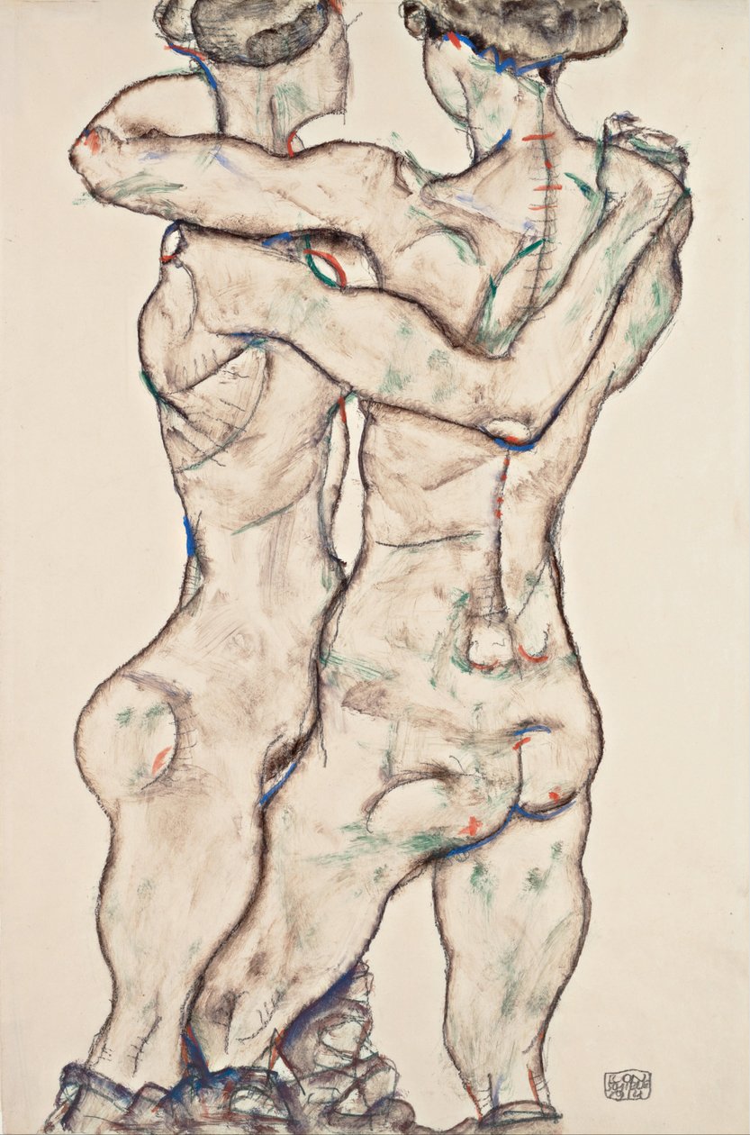 Nakne jenter omfavner, 1914 av Egon Schiele