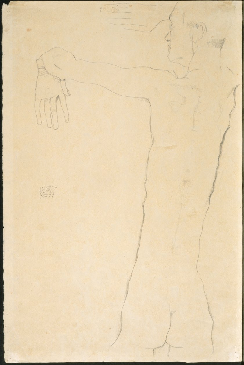Naken mann med løftede armer (recto) av Egon Schiele
