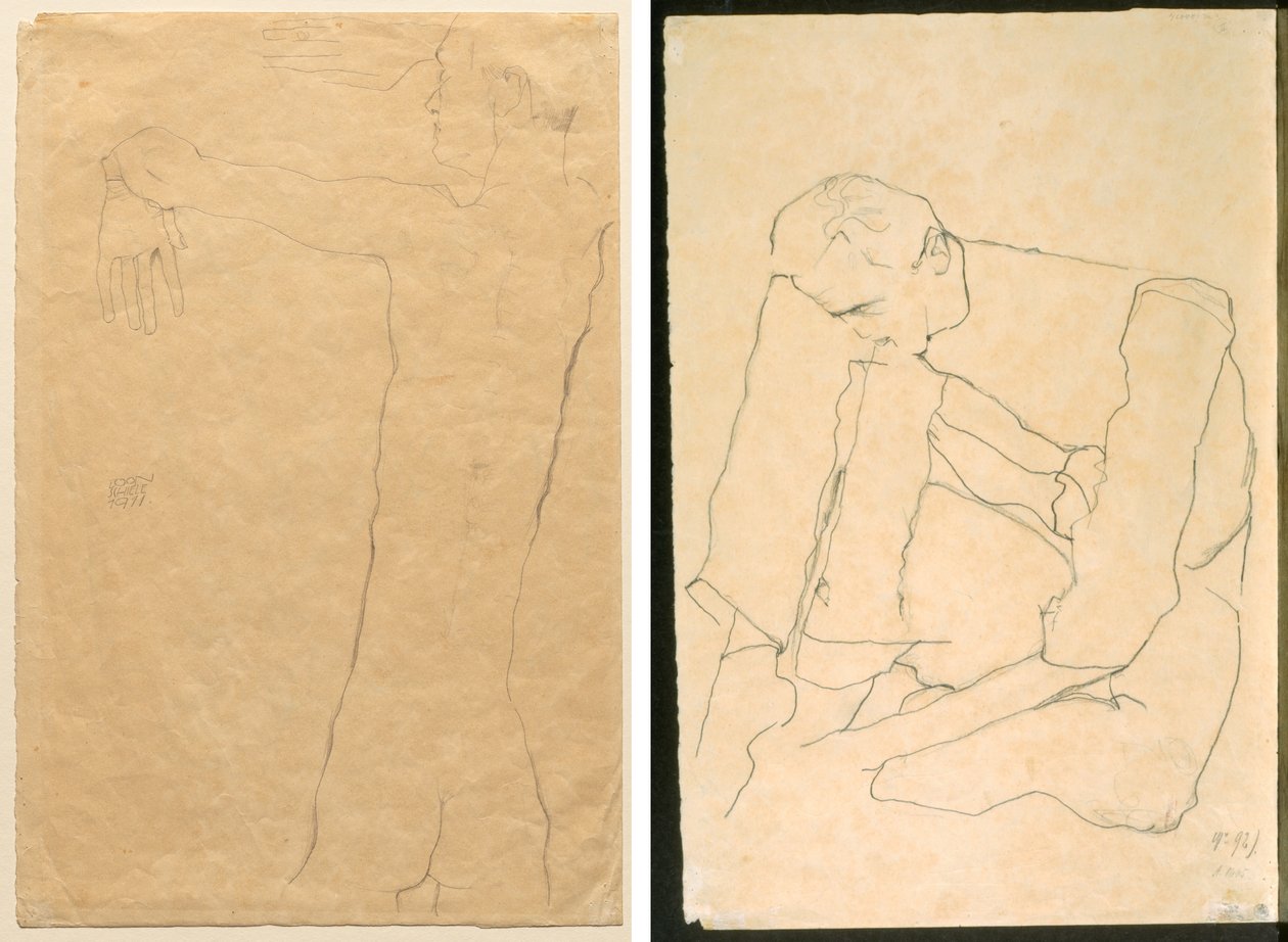 Naken mann med løftede armer (recto) Sittende mann (verso) av Egon Schiele