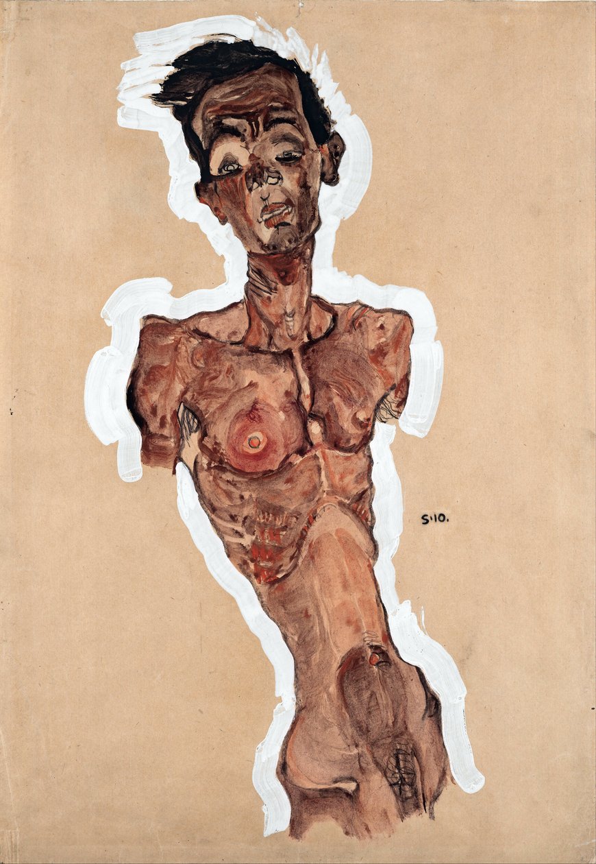 Naken selvportrett - Schiele, Egon (1890-1918) - 1910 - Svart kritt, Gouache på papir - 44,9x31,3 - Leopold Museum, Wien av Egon Schiele