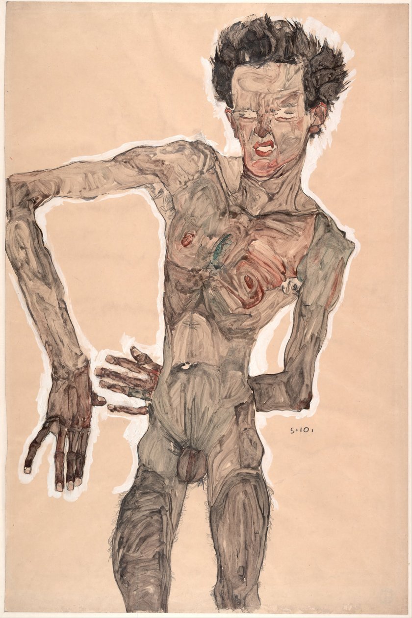 Naken selvportrett, grimasering, 1910 av Egon Schiele