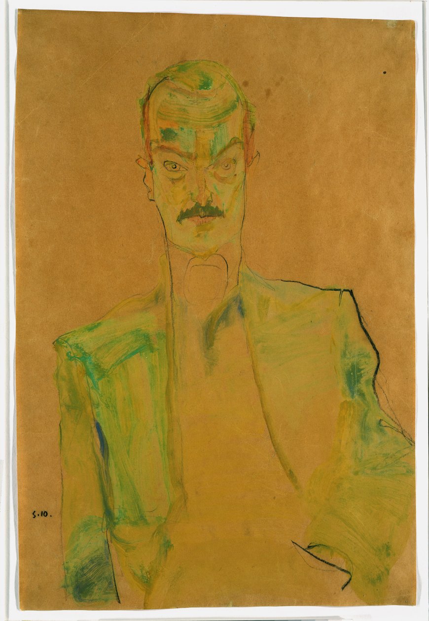 Naken på farget stoff, 1911 (wc og blyant med gouache på papir) av Egon Schiele