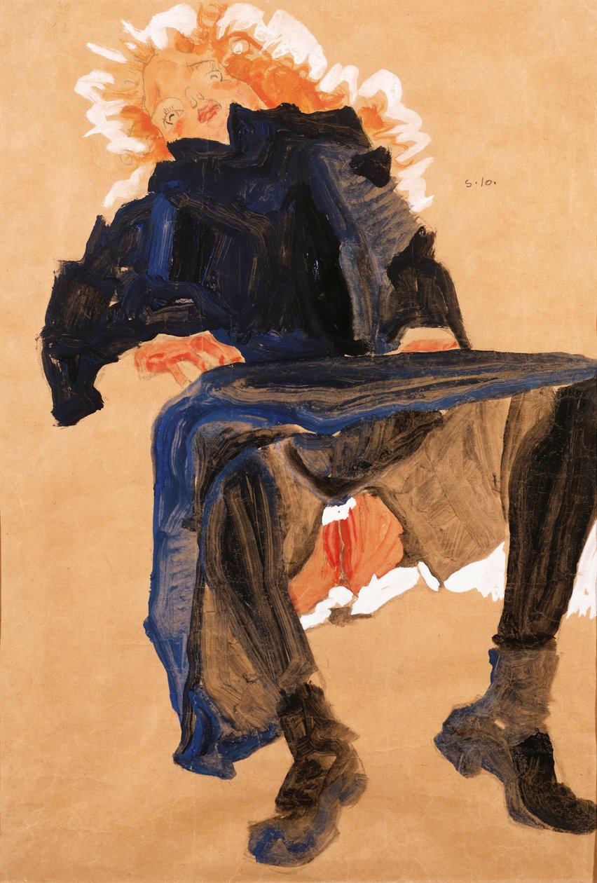 Tilbakelent jente i en blå kjole, 1910 av Egon Schiele